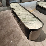 Luxury TV Stand with Dark Natural Wood Veneer Marble Top Embossed Side Panels and Stainless Steel Handles